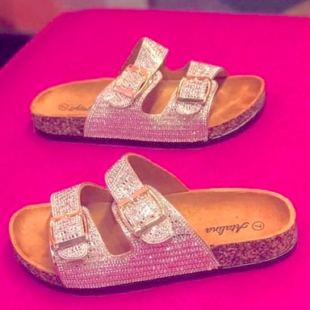 Italina Rhinestone Jewel Double Buckle Strap Cork Slide Contoured Sandal - Picture 9 of 15